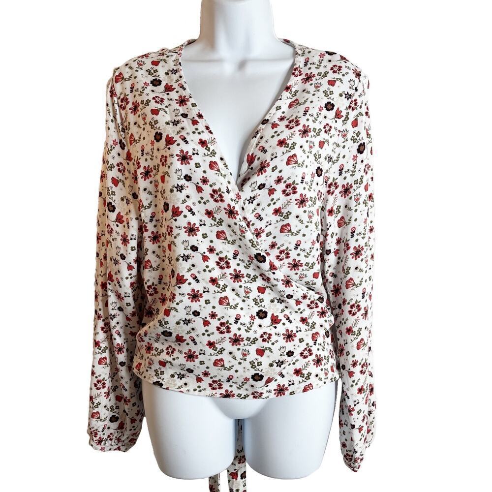 Rock by Junk Food Women's Wrap Top Size L Floral Print Long Sleeve White Rayon